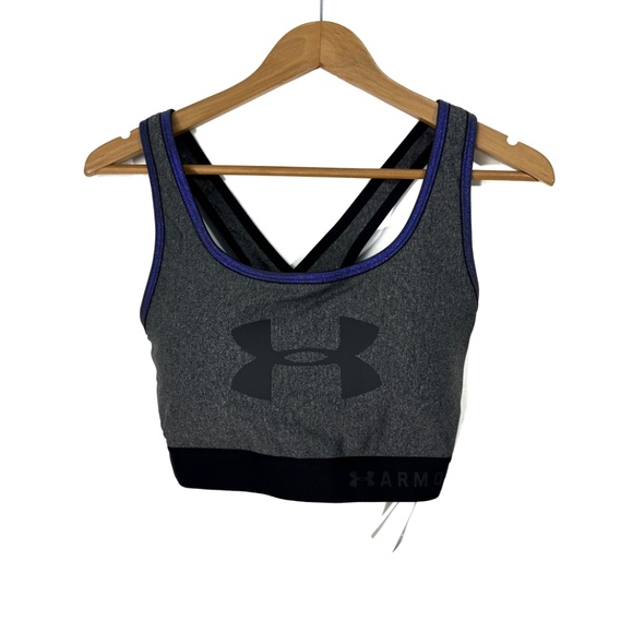 Under Armour Women’s Plus Size 1X Black Gray Logo Mid Crossback Sports Bra New - Picture 3 of 12